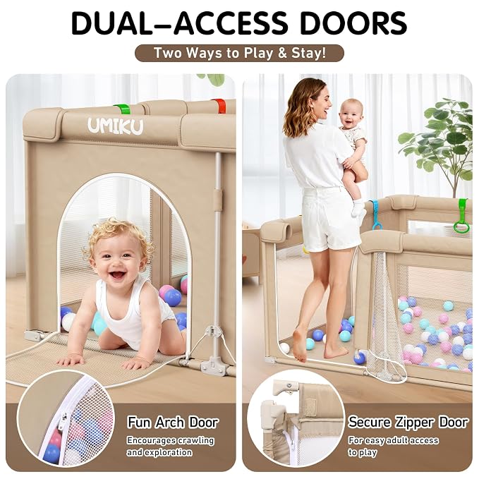 Baby Playpen Foldable Playpen for Babies and Toddlers, Large Playpens Portable Play Pen Play Yard for Kid Fence Indoor Outdoor Travel 4 Handlers 50 Balls Baby Newborn Infant Gifts 50"X50" Khaki