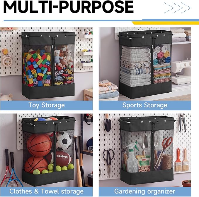 Gerrii 2 Pack Extra Large Pegboard Mesh Storage Baskets with 4 Hooks, 18 x 11 x 26 Inch Pegboard Wall Organizer Accessories with Zippered Front, Large Capacity, for Home Sport Garage Storage