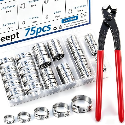 75Pcs 8-Sizes 304 Stainless Steel Single Ear Hose Clamps with Ear clamp plier 6-23.6mm Crimp Hose Clamps Assortment Kit for Auto/Home Appliance/Pipe/Fuel Line Stepless hose clamp with pincer
