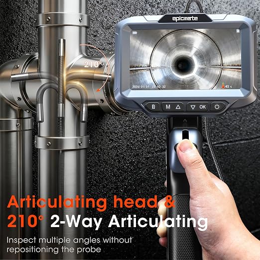 Epicmate 210°Two-Way Articulating Borescope with Light- 5" Inspection Endoscope Camera with Light, Flexible Industrial Boerscope 0.24in Probe Snake Camera for Wall Automotive, HVAC & Mechanics