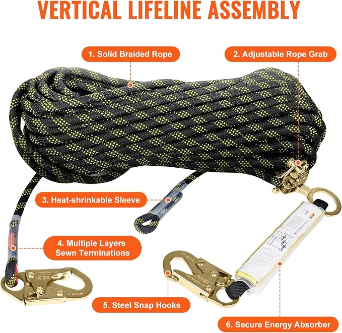 VEVOR Vertical Lifeline Assembly, 0.55'' x 50' Fall Protection Rope with 30 KN Breaking Tension, Polyester Roofing Rope with Steel Snap Hooks, Rope Grab, and Shock Absorber, ANSI Compliant