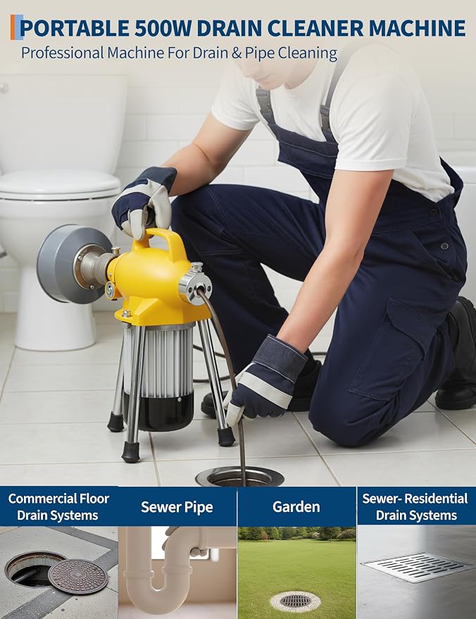 Professional Drain Cleaning Machine, Electric Sewer Snake Auger 500w 400RPM, Heavy-Duty Auto-Feed with 66Ft / 16Ft Cables & 6 Cutters for 3/4" to 4" Pipes for Sink Toilet Drainage