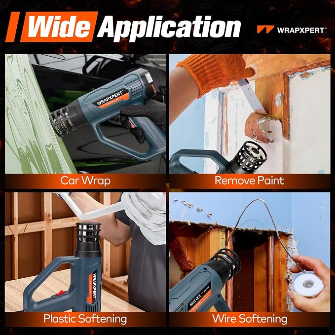 WRAPXPERT Heat Gun for Vinyl Wrap/Window Tint with Digital LCD 2000W 122℉-1202℉（50℃- 650℃) Variable Temperature Control Memory Function for Car Wrap, Crafts, Shrinking Tubing, Stripping Paint