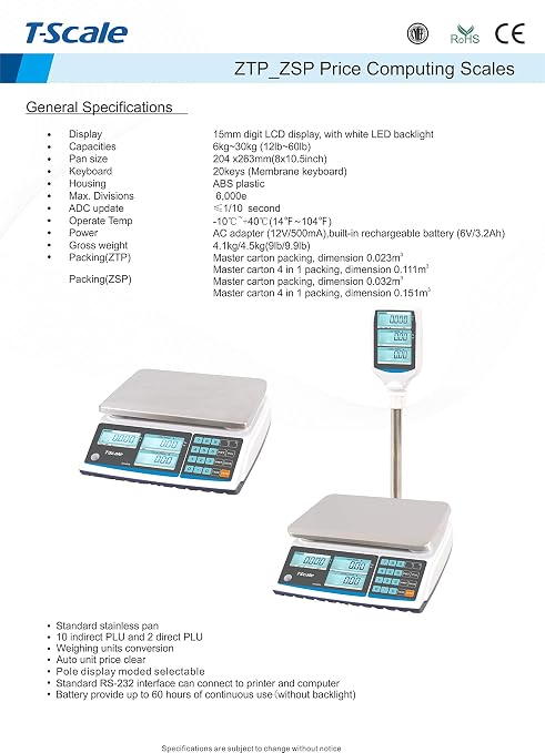 Aquos ZTP Price Computing Scale – Class III NTEP Legal for Trade, Commercial Digital Scale with LCD Backlit Display & Stainless Steel Platter, Retail Grocery Scale (60lbs Pole Model)