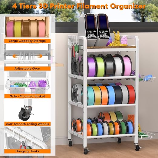 3D Printer Filament Storage Rack- 4 Tiers Filament Spool Holder, Heavy Duty 3D Printing Stand Filament Organizer with 360° Wheels, Metal Filament Stand Shelf for PLA/ABS/TPU/Nylon (White)