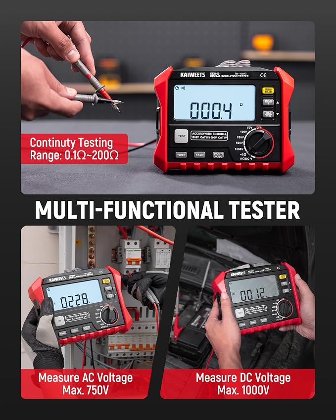 KAIWEETS Megohmmeter, Insulation Resistance Tester, Up to 100GΩ, 50V/100V/250V/500V/1000V, One-Touch DAR/PI, with AC/DC Voltage Testing for Motors, Solar, HVAC