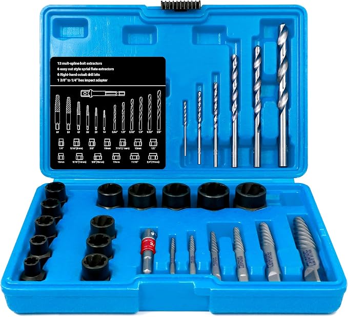 26-Piece Multi-Size Bolt Extractor Set, Spiral Screw Extractor, Bolt Extractor Set, with Right Hand Drill Bit, Stripped Bolt Remover, Borken Bolt Extractor Kit for Removing Nuts Bolts