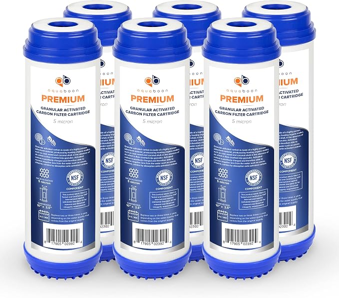 Aquaboon 5 Micron 10 x 2.5 Premium Granular Activated Carbon Water Filter Cartridge Replacement - GAC Filter Compatible with AP117, GAC-10, 6 Pack