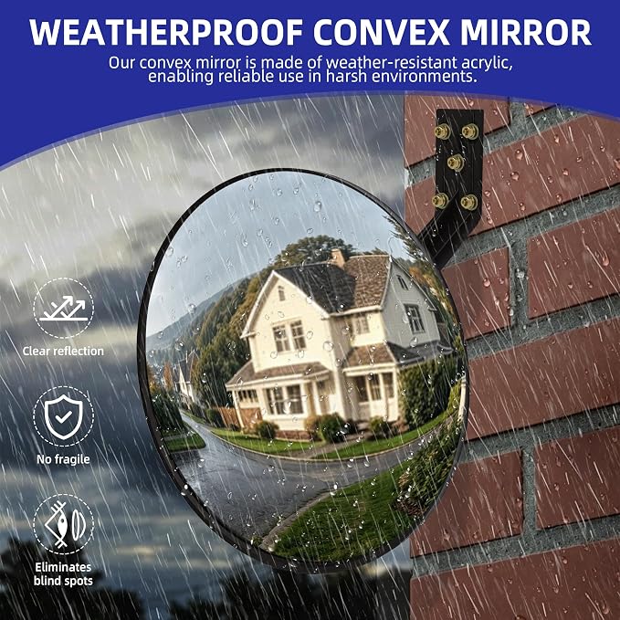 Shatterproof Acrylic Convex Mirror 12 Inch with LifetimeWarranty, Wide Angle Anti Theft Blind Spot Mirror with Wall Mount Kit for Garage Driveway and Store Safety, Outdoor Indoor