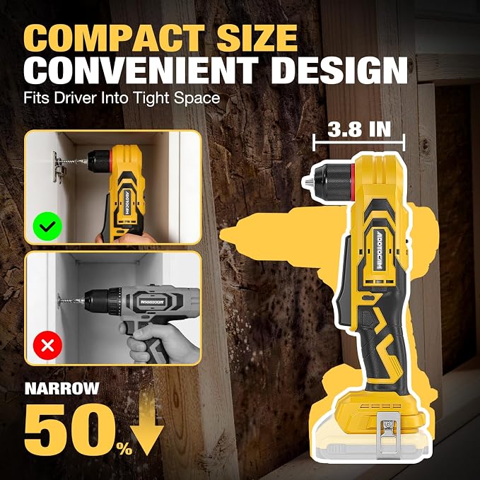 Brushless Right Angle Drill for DeWalt 20V Battery (Tool Only), 3/8" Cordless Angle Drill with Compact Design & Variable Speed, featuring an LED Light for Screws/Drilling