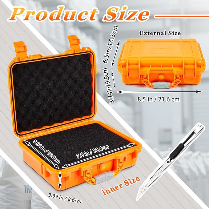Relaxweex 1 Pcs Waterproof Hard Case with DIY Customizable Foam Insert Portable Protective Case with Knife for Camera Drones Equipments Tools Test Instruments(Orange,8.5 x 6.5 x 3.7 Inch)
