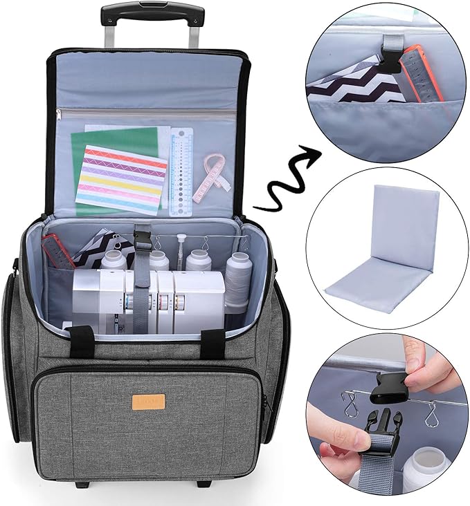 LUXJA Serger Case with Detachable Dolly, Bag with Removable Padding Pad (Fit for Most Standard Machines), Gray