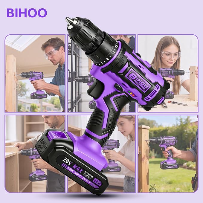 Purple Cordless Drill Set,20V Drill Driver with Battery and Charger,3/8-Inch Keyless Chuck, Variable Speed,with Drills Bits Set