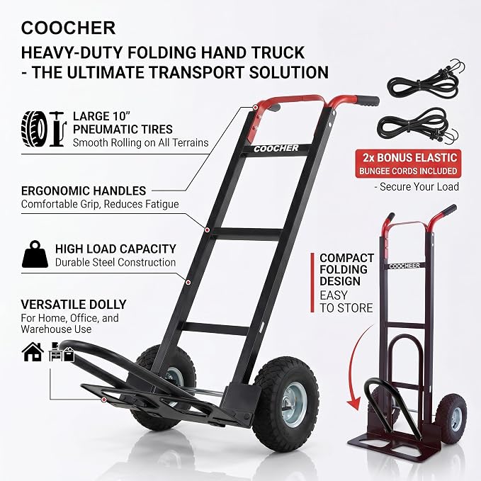 600 lbs Aluminum Hand Truck & Heavy Duty Dolly for Moving, Industrial Utility Cart with 10-Inch All-Terrain Pneumatic Tires, Secure Transport in Warehouse and Residential Use