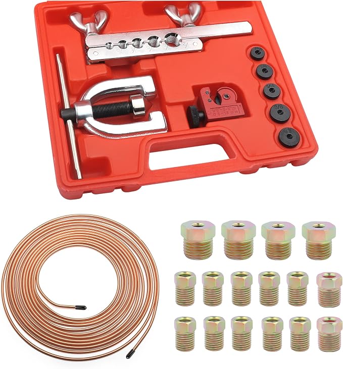 2026 New Double & Single Brake Line Flaring Tool Kit,Professional 3/16 Brake Line Kit with Tube Cutter and 5 Adapters(3/16",1/4",5/16",3/8",1/2"),Durable Brakes Lines Repair Kits