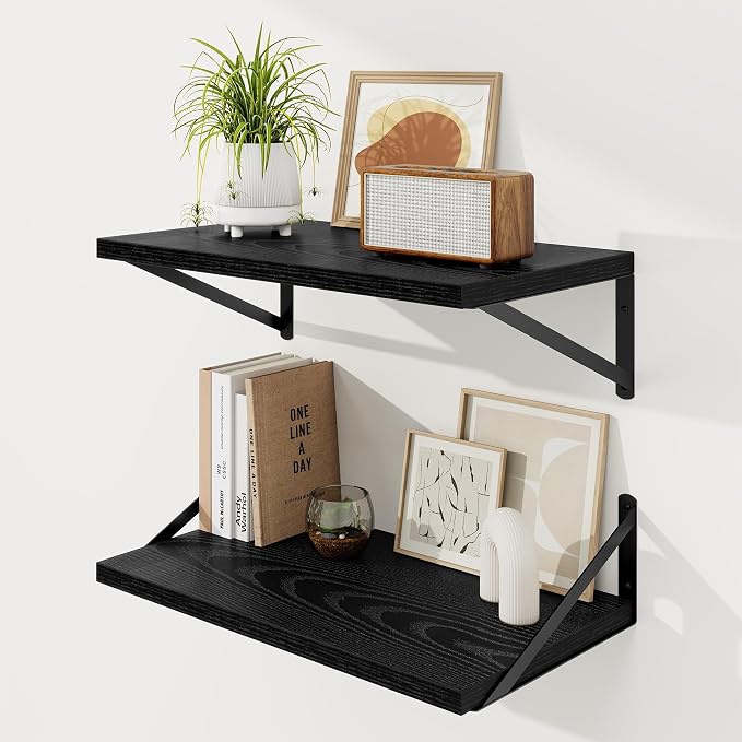 Floating Shelves 12 Inch Deep, 24W x 12D Wall Shelf Set of 2, 50 lbs Heavy Duty Reversible Metal Brackets, Deep Industrial Book Shelf for Living Room Kitchen Bath Bedroom Coffee Bar, Black