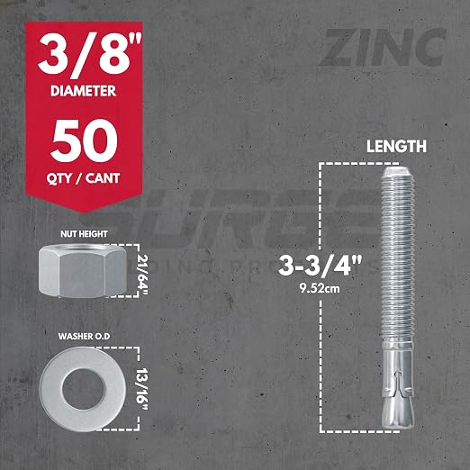 3/8" x 3-3/4" Zinc-Plated Wedge Anchors for Concrete and Cement | Heavy-Duty 3/8 Concrete Anchors (Box of 50)