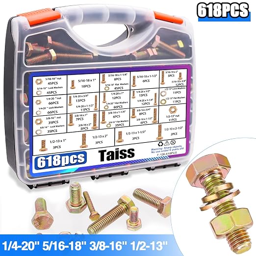 Taiss Grade 8.8 Bolts and Nuts Assortment Kit,1/4-20,5/16-18,3/8-16,1/2-13 Heavy Duty SAE Hex Bolts and Nuts & Flat/Lock Washer Kit,Carbon Steel Zinc Plated,with Handheld Box 618PCS