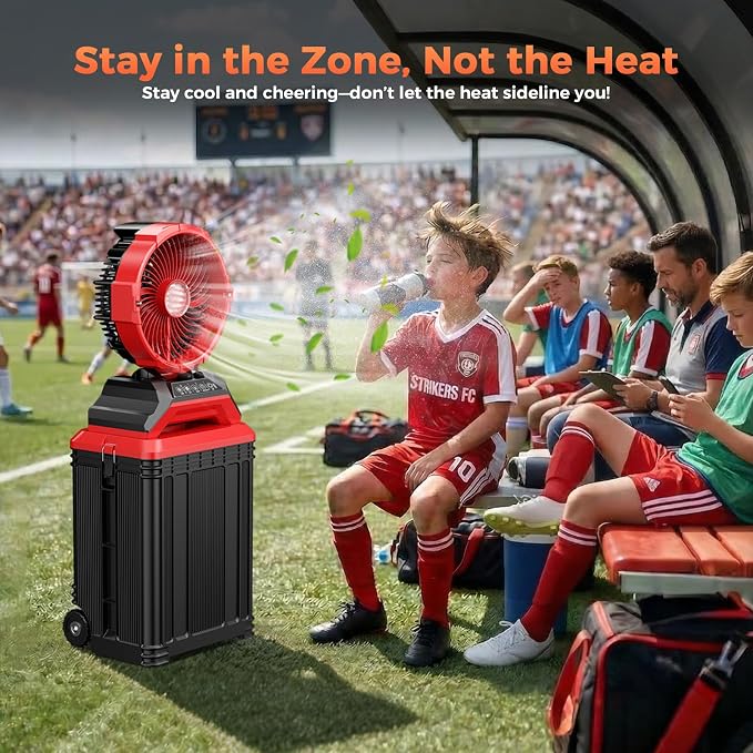 Portable Misting Fan with 30L Water Tank, 2-in-1 Rolling Mist Fan with Wheels, 30000mAh Rechargeable Battery Operated Cooling Station with Remote for Golf Cart, Patio, Camping, Outside & Travel