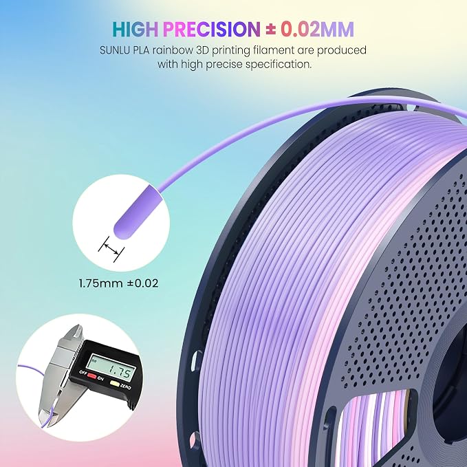 SUNLU Rainbow PLA Filament 1.75mm, Multicolor Gradient 3D Printer Filament, Neatly Wound 3D Printing Filament, Dimensional Accuracy +/-0.02mm, 1KG Spool(2.2 lbs), Rainbow PLA 03