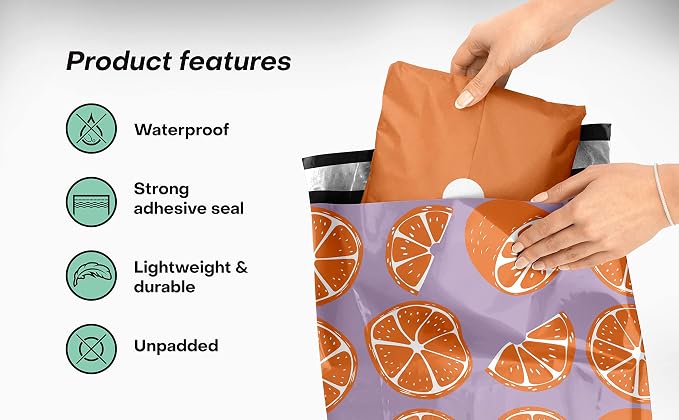 10x13 Poly Mailers – Orange Fruit Design – Waterproof, Tear-Resistant Shipping Bags with Adhesive Seal – 100 Pack – Package Mint