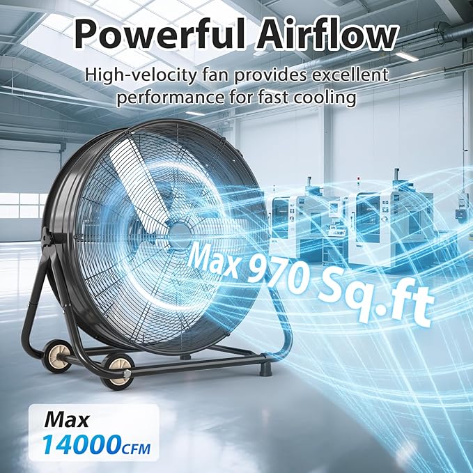 LifePlus 30" Industrial Drum Fan, 550W 14000 CFM High Velocity 3-Speed Heavy Duty Metal Air Circulator with 360° Tilt, Casters Handle for Warehouse Factory workshops Patios Garage,