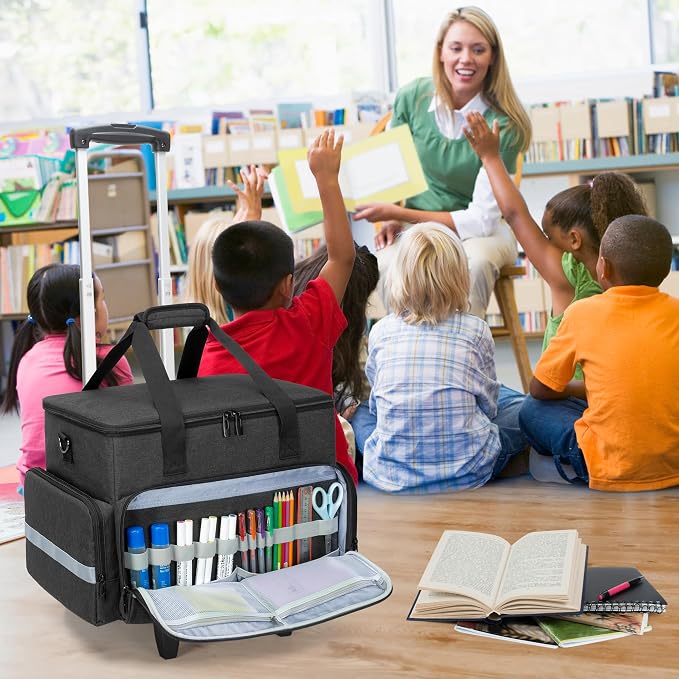 CURMIO Rolling Teacher Tote Bag with Wheels, Teaching Work Bag with Padded Sleeve for up to 14” Laptop for Teaching, Office, Black(Bag Only)