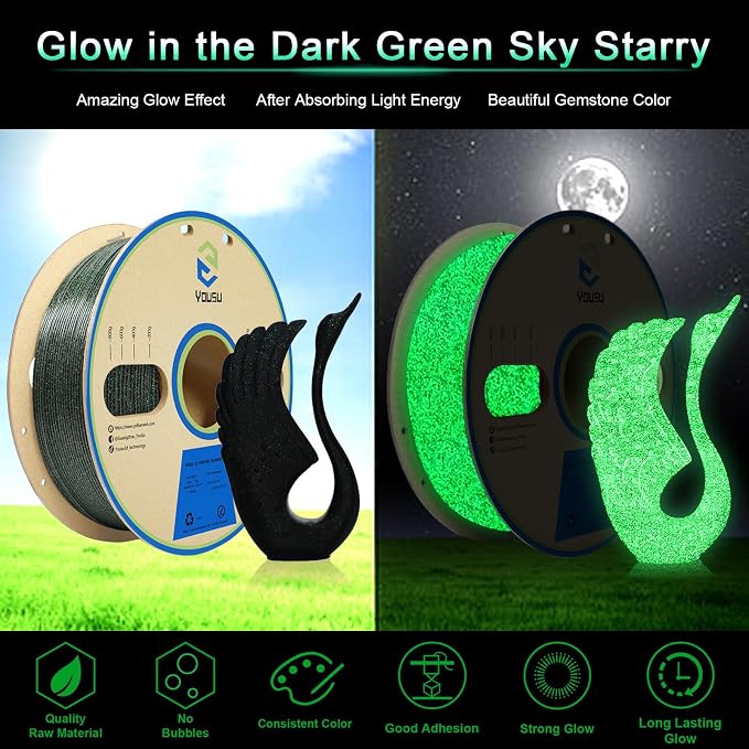 YOUSU 3D Printer Filament PLA Filament 1.75mm Black Filament with Glow in The Dark Green Starry Sky 1kg(2.2lbs).