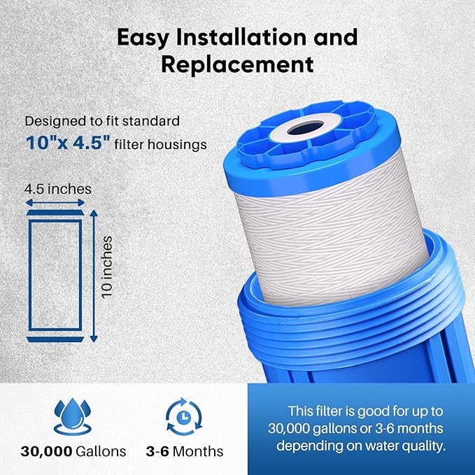 PUREPLUS 10"×4.5" String Wound Sediment Filter Compound With Iron Reducing Filter, Compatible With Whole House Water Filtration System For Well Water, 2 Pack