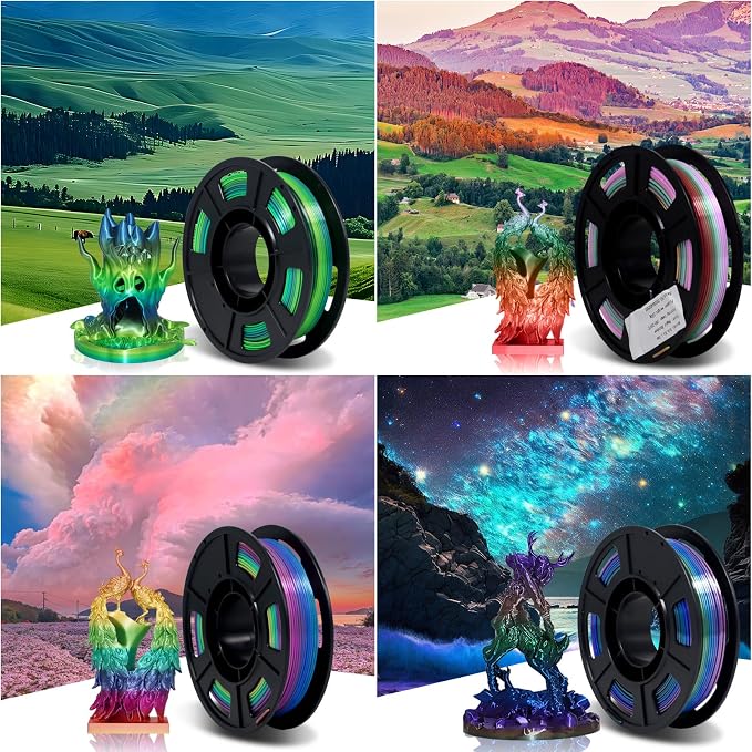 YOUSU 1.75mm Silk Shiny 4 Types Rainbow Multi Colored Fast Color Change PLA 4 in 1 3D Printer Filament Bundle: 4 Types Multi Colored Silk PLA, 250g/Spool, 4 Spools 3D Printing Filament