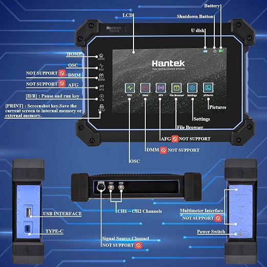 Hantek Tablet Oscilloscope 110MHz Bandwidth 250MSa/S 8M Storage Depth with 7" Touch Screen(TO1112/110MHz+2CH)