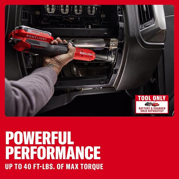 CRAFTSMAN V20 Electric Ratchet, Extended Reach, Cordless 3/8 Ratchet with Multi-Size 1/4 and 1/2 Drive Interchangeable Anvils, LED Light, 300 RPM, 40 ft-lbs Torque, Battery Not Included (CMCF936B)