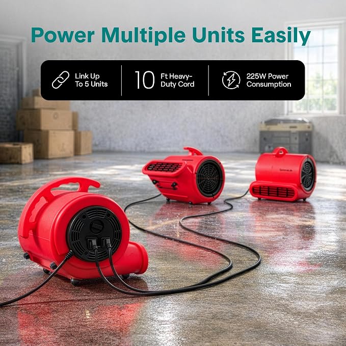 SereneLife Air Mover Blower Fan 1000 CFM – Powerful High Performance 3-Speed Fan for Floor & Carpet Drying, Portable Floor Fan w/Adjustable Tilt, Plug Multiple Units for Home Garage & Restoration Use