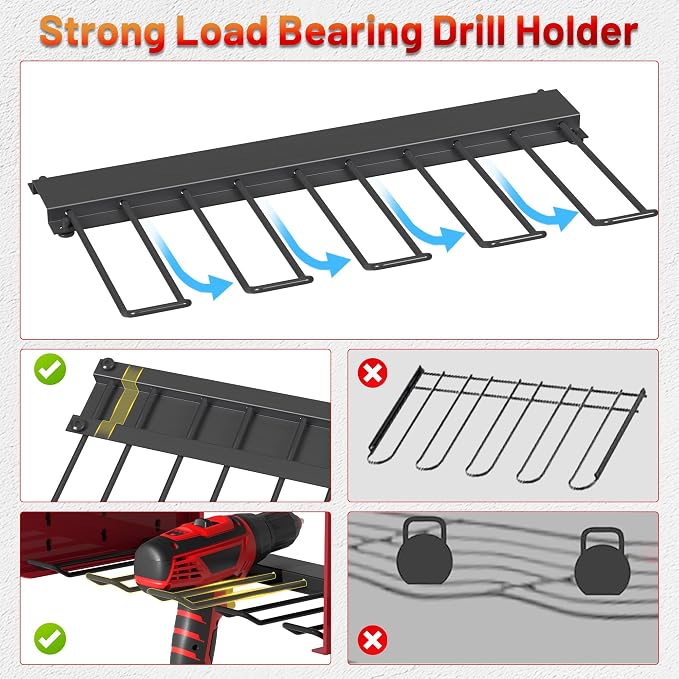Power Tool Organizer Wall Mount with Charging Station & 8 Outlet,4 Layer Heavy Duty Metal Rack Loads 260lbs for Garage Organization,4 Cordless Drill Holders,Day Gift for Men,Dark Red