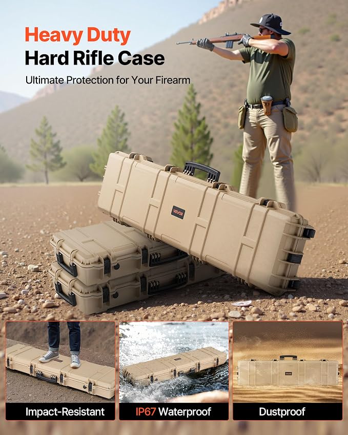 VEVOR Rifle Case, Rifle Hard Case with 4 Layers Fully-protective Foams, Lockable Hard Gun Case with Wheels, IP67 Waterproof & Crushproof, for Rifles or Shotguns