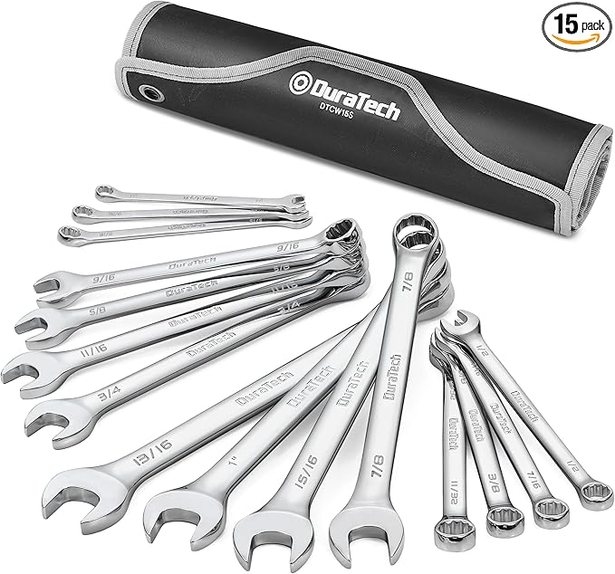 DURATECH Combination Wrench Set, SAE, 15-Piece, 1/4" to 1", 12-Point, CR-V Steel, with Rolling Pouch