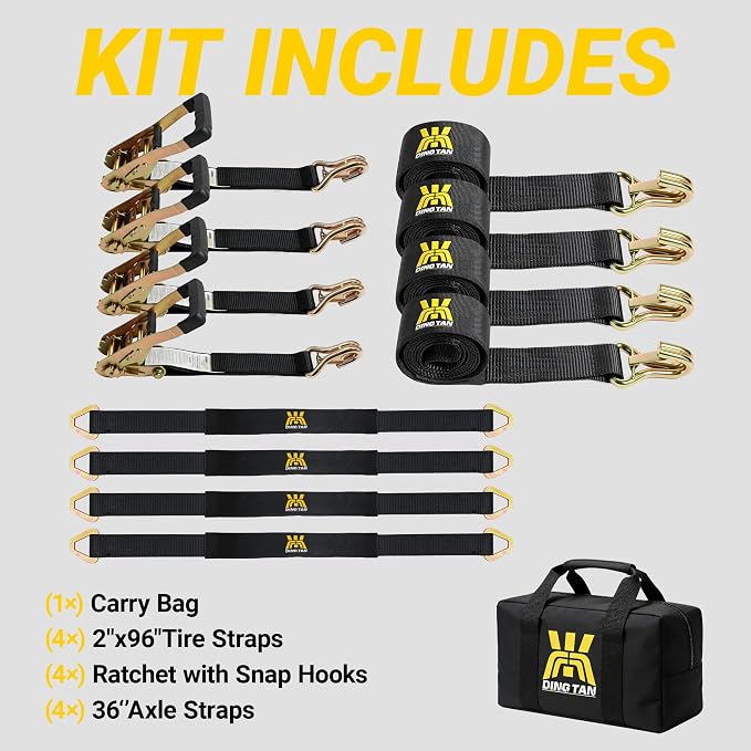 Car Tie Down Straps for Trailers, 4 Pack 2" x 96" Heavy Duty Car Hauler Ratchet Straps, 10,000 lbs Break Strength, Latch J-Hooks & 2" x 36" Axle Straps for Cars, SUVs, Trucks, ATVs & UTVs, Black