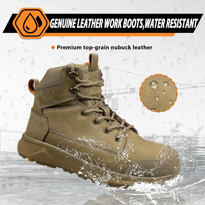 Men Work Boots 6 Inch Lightweight - ESD Shoes, Aluminum Alloy Toe and Puncture Proof ASTM 2413, Oil and Slip Resistant, Premium Water Resistant Genuine Leather Industrial Safety Boot