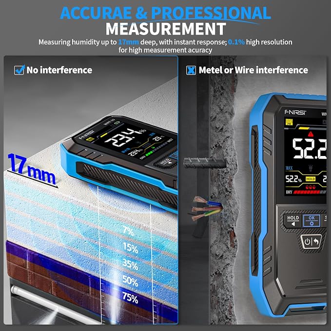 FNIRSI WMT-10 Pinless Wood Moisture Meter, Rechargable Moisture Meter for Wood, Wall, Firewood, Support Data Hold and Record, Flashlight, Humidity Detector for Lumber Concrete Building