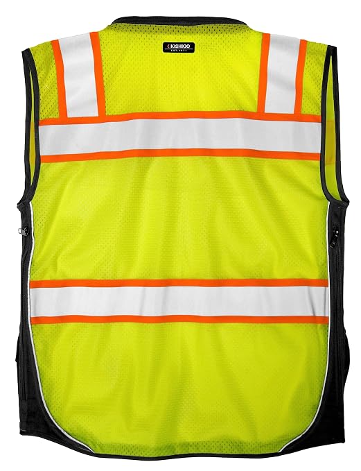 Kishigo Premium Black Series Men's Surveyors Vest S5002, Class 2 Hi-Vis Safety Vest, 10 Pockets with Reinforced Front Zipper Closure & Durable Webbing, ANSI/ISEA 107 Compliant (Lime/Black, 5XL)