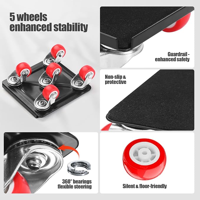 Furniture Movers with Wheels, Upgraded Guardrails for No Slips, Heavy Duty Furniture Dolly, Furniture Sliders with Wheels, Furniture Lifter Tool Included (Red, 4.3" × 4.3")