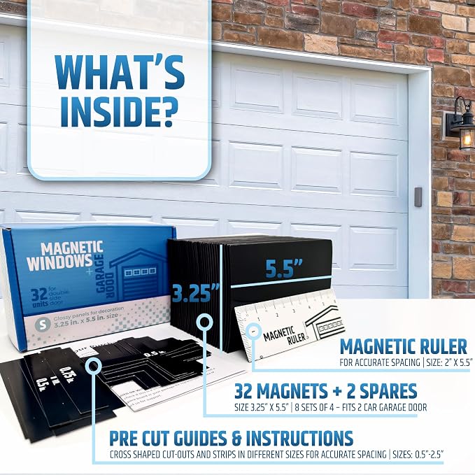 Strong & Glossy Magnetic Garage Door Windows (Size Small) - Looks Like Real Window Panels/Faux Panes - Easy to Align & Will Never Fall (Upgraded Magnets) | Fits 2 Car Garage | 32pcs 3.25"X5.5"