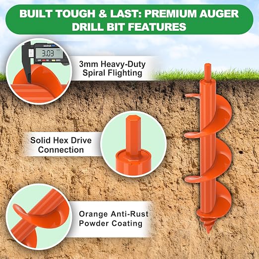 SELEWARE Auger Drill Bit for Planting 3"x12" Drill Auger for 3/8" Hex Drive | Orange Heavy-Duty Steel Garden Auger Drill Bit, Bulb Planter Tool, Auger Post Hole Digger for Bulbs, Flowers, Fence Posts