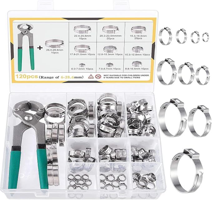 MIAHART 120Pcs Stainless Steel Single Ear Hose Clamps with Ear Clamp Pincer, Pack of 6 Hose Clamp 3“/4”/6“