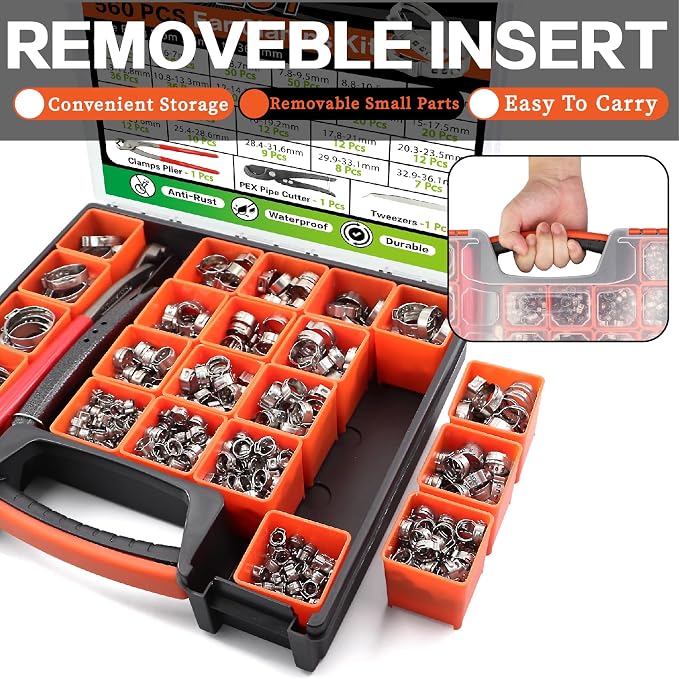 560Pcs Single Ear Hose Clamps Assortment Kit 304 Stainless Steel 22 Size(5.3-36.1mm) Cinch Crimp Hose Clamp Stepless Pinch Clamp with Tools for Plumbing/Garden/Automotive/Water Pipe/Radiator Pipe