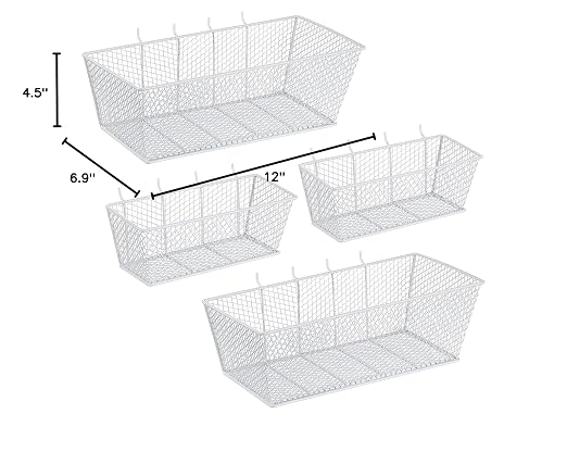 Sieral 4 Pcs Pegboard Baskets Metal Wire Shelf Baskets Peg Board Organizer Accessories Wall Mount Organizer Attachments for Garage Workbench Various Tool Accessories, 2 Sizes (White,Medium, Large)