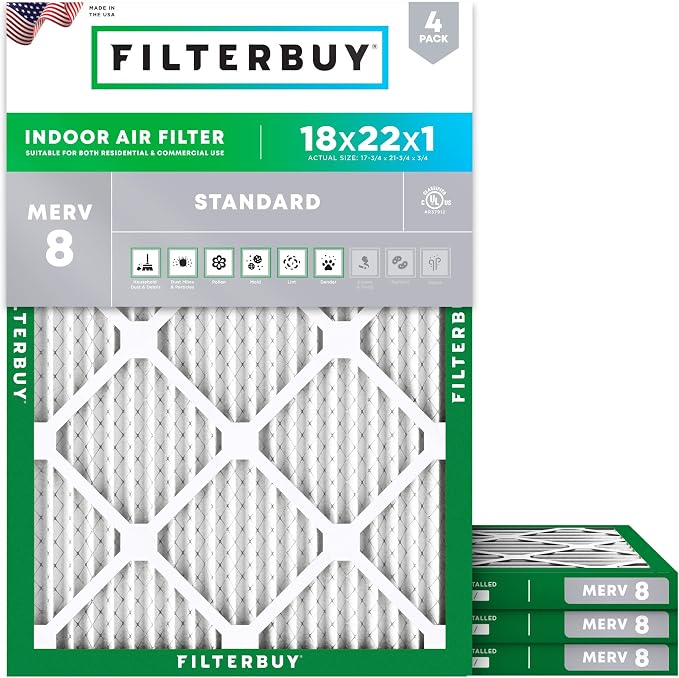 Filterbuy 18x22x1 Air Filter MERV 8 Essential Dust & Allergy Defense (4-Pack), Electrostatic Pleated HVAC AC Furnace Filters Replacement, Made in USA (Actual Size: 17.75 x 21.75 x 0.75)
