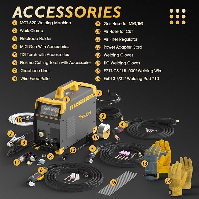 TOOLIOM MIG/TIG/CUT/Stick/Flux MIG/Spool Gun Welder 6 in 1 Multiprocess Welding Machine 110/220V Dual Voltage Aluminum Welding Machine Spool Gun Compatible