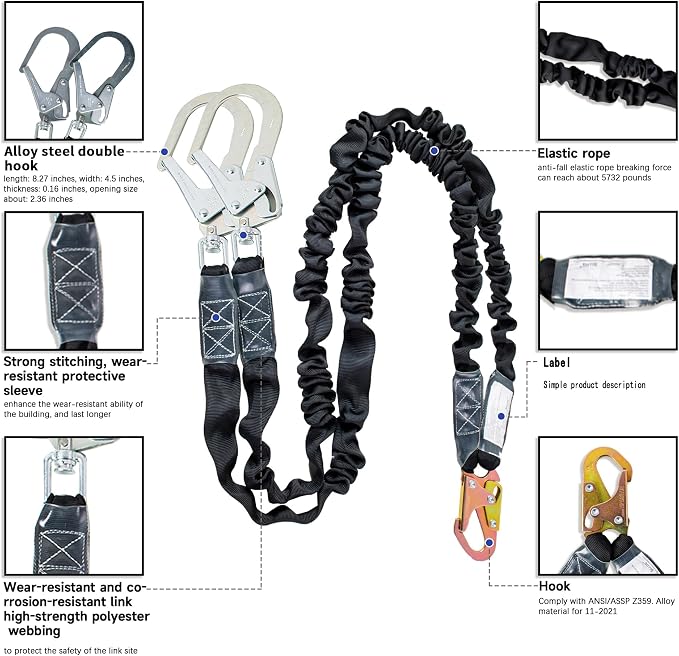 6ft Safety Harness Lanyard Double Leg Internal Shock Absorbing Safety Fall Protection Lanyard with Rope Harness Safety Lanyard Dual Rebar & Snap Hook Roofer Fall Protection Equipment（Alloy Steel）