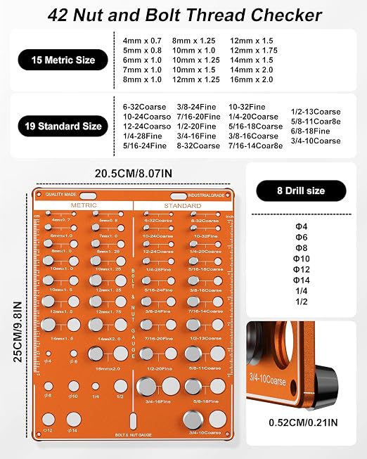 42 Nut and Bolt Thread Checker with 19 Standard & 15 Metric & 8 Drill Bit Gauge, Bolt Size and Nut Size Identifier Gauge(Inch and Metric) (Yellow)